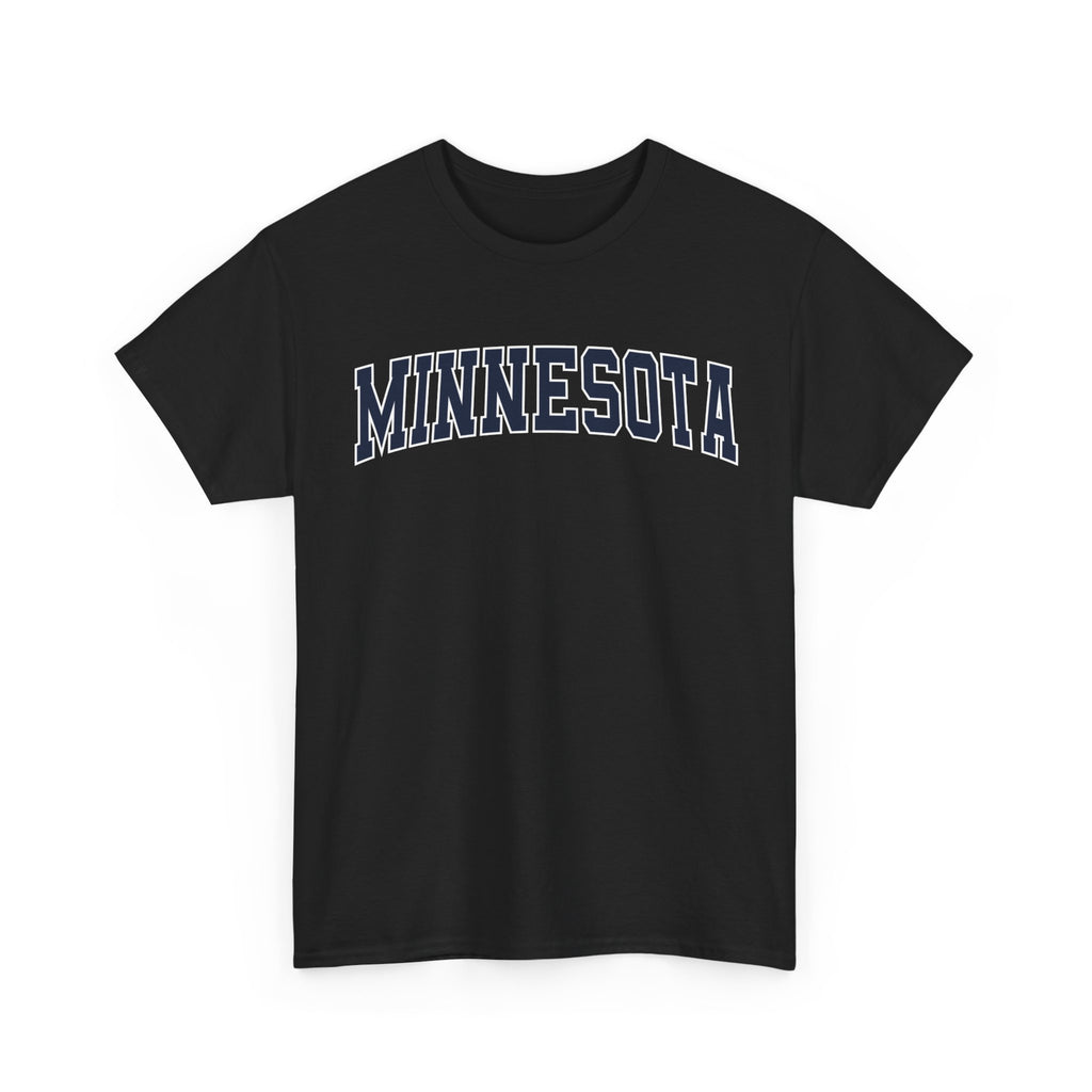 Black t-shirt with 'MINNESOTA' text on a white background