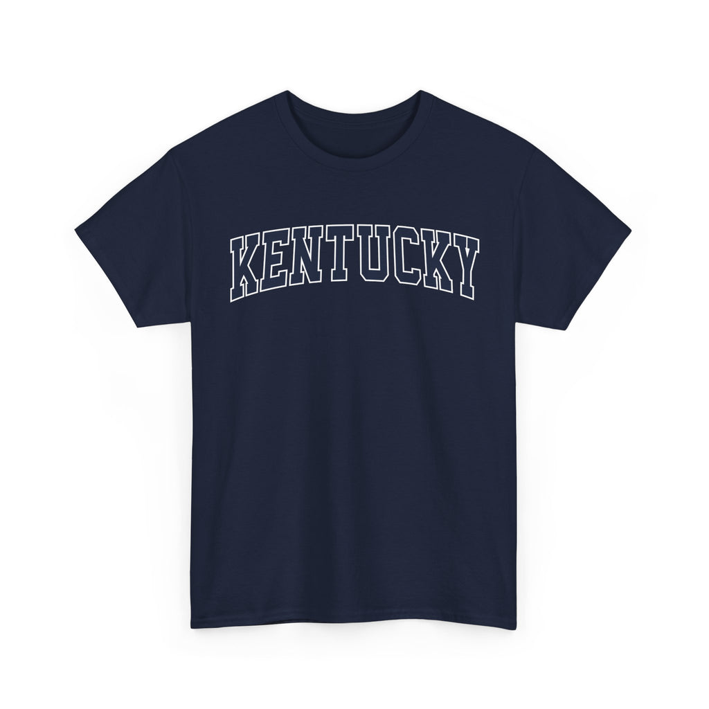 Navy blue t-shirt with 'Kentucky' printed on a white background