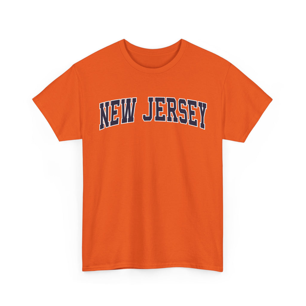 Orange t-shirt with 'NEW JERSEY' text on a white background