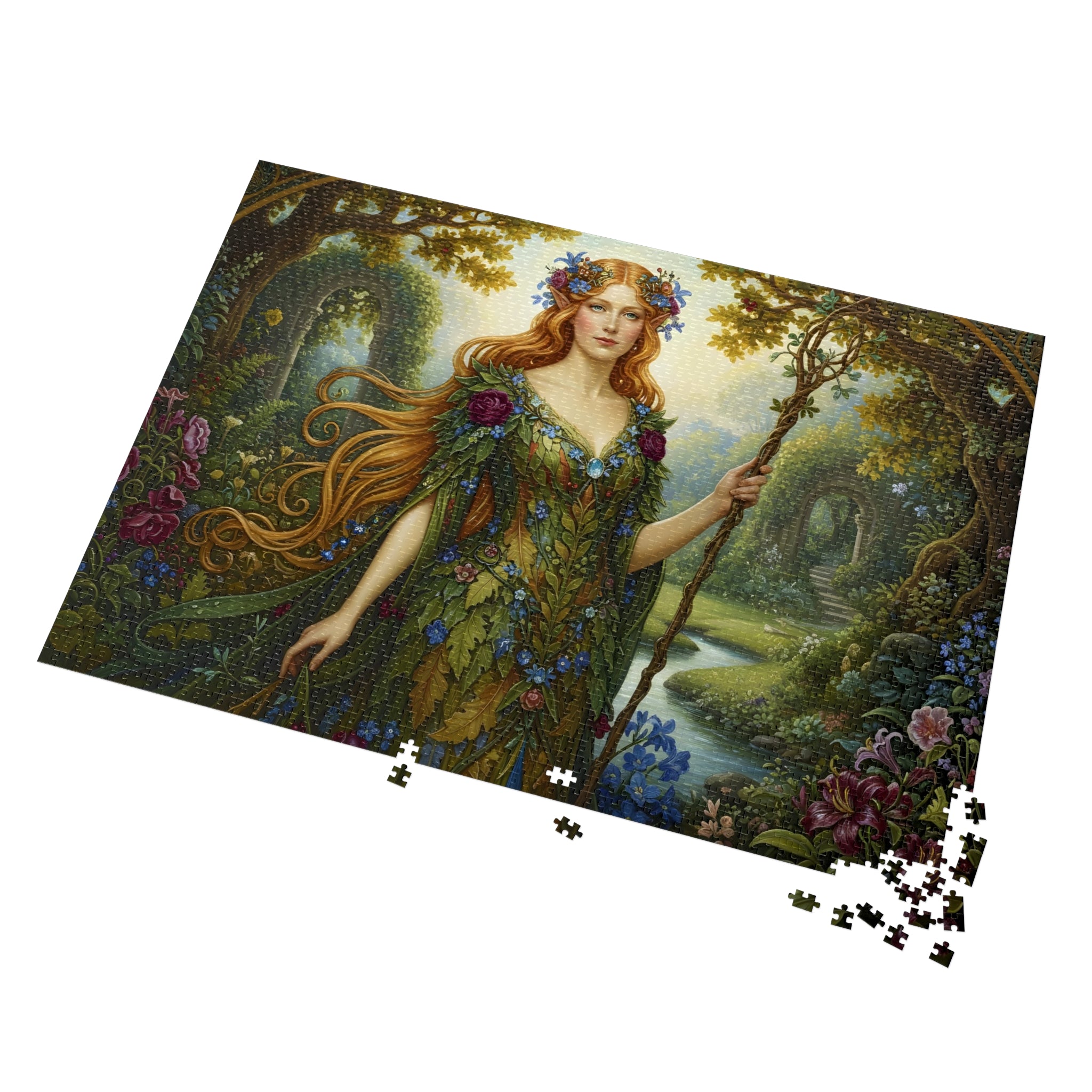 a mockup of a 2000pcs Jigsaw puzzle set with a 'Majestic Elven Queen of Isekai Fantasy Forest' design on a white background
