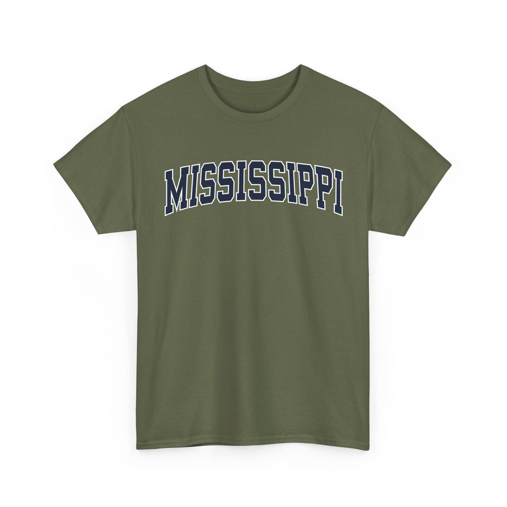 Green t-shirt with 'MISSISSIPPI' printed on it against a white background