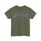 Green t-shirt with 'MISSISSIPPI' printed on it against a white background