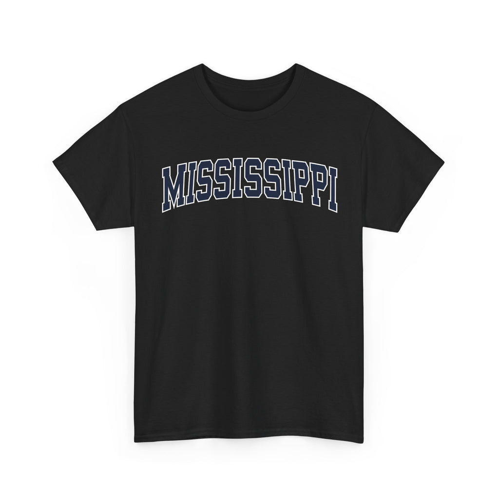 Black t-shirt with 'MISSISSIPPI' printed on a white background