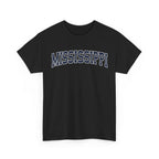 Black t-shirt with 'MISSISSIPPI' printed on a white background