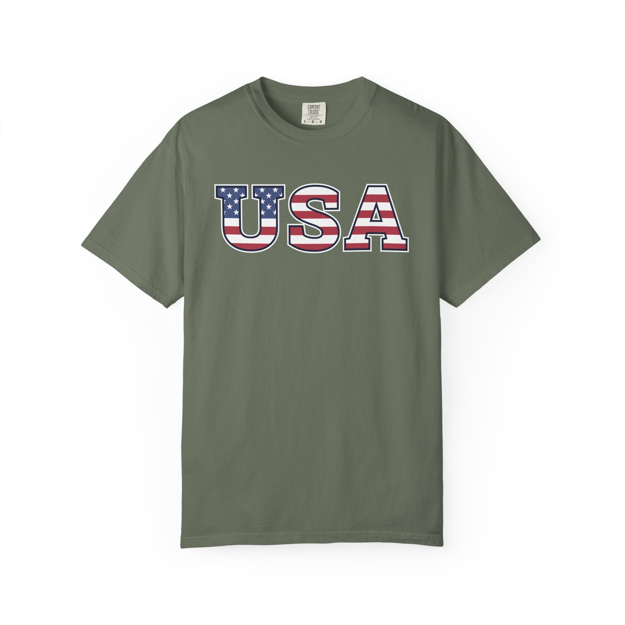 USA Typography Patriotic T-Shirt - Moss / S