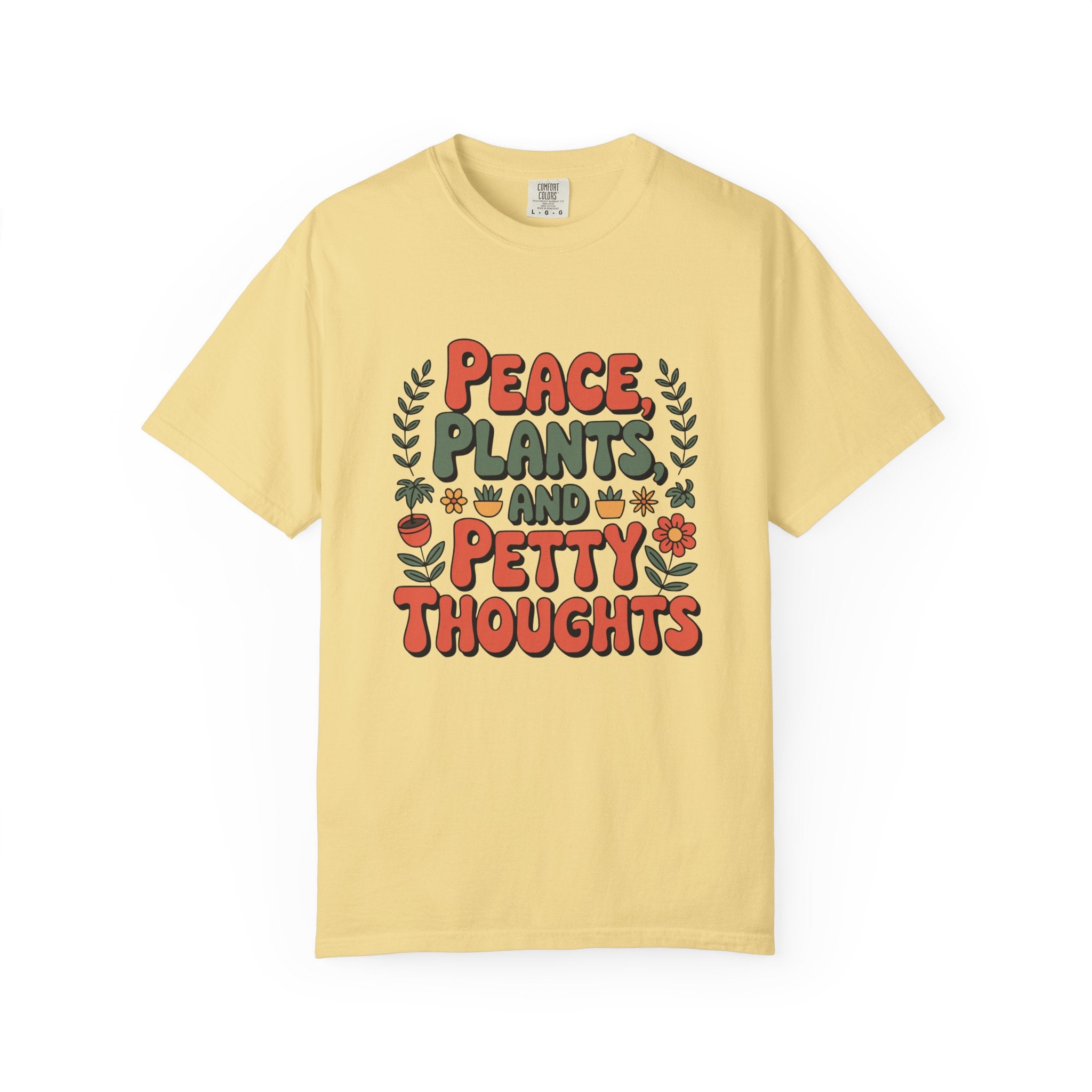’Peace Plants & Petty Thoughts’ T-Shirt | Funny Plant Graphic Quote Tee - Butter / S