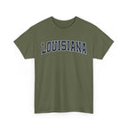 Green t-shirt with 'LOUISIANA' text on a white background
