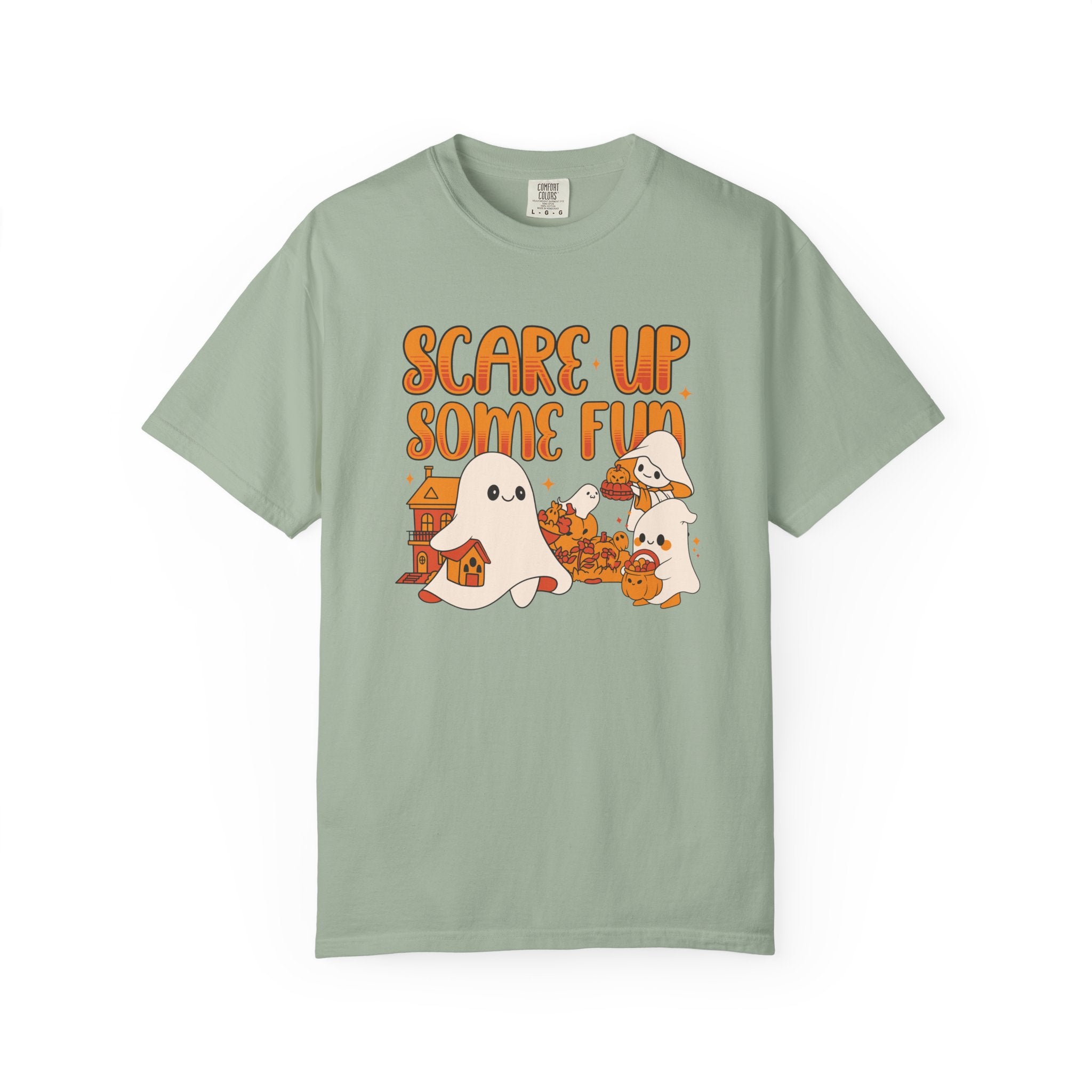 Funny Halloween Ghost T-Shirt: Spooky Pumpkin Design with ’Scare Up Some Fun’ Quote - Bay / S - T-Shirt