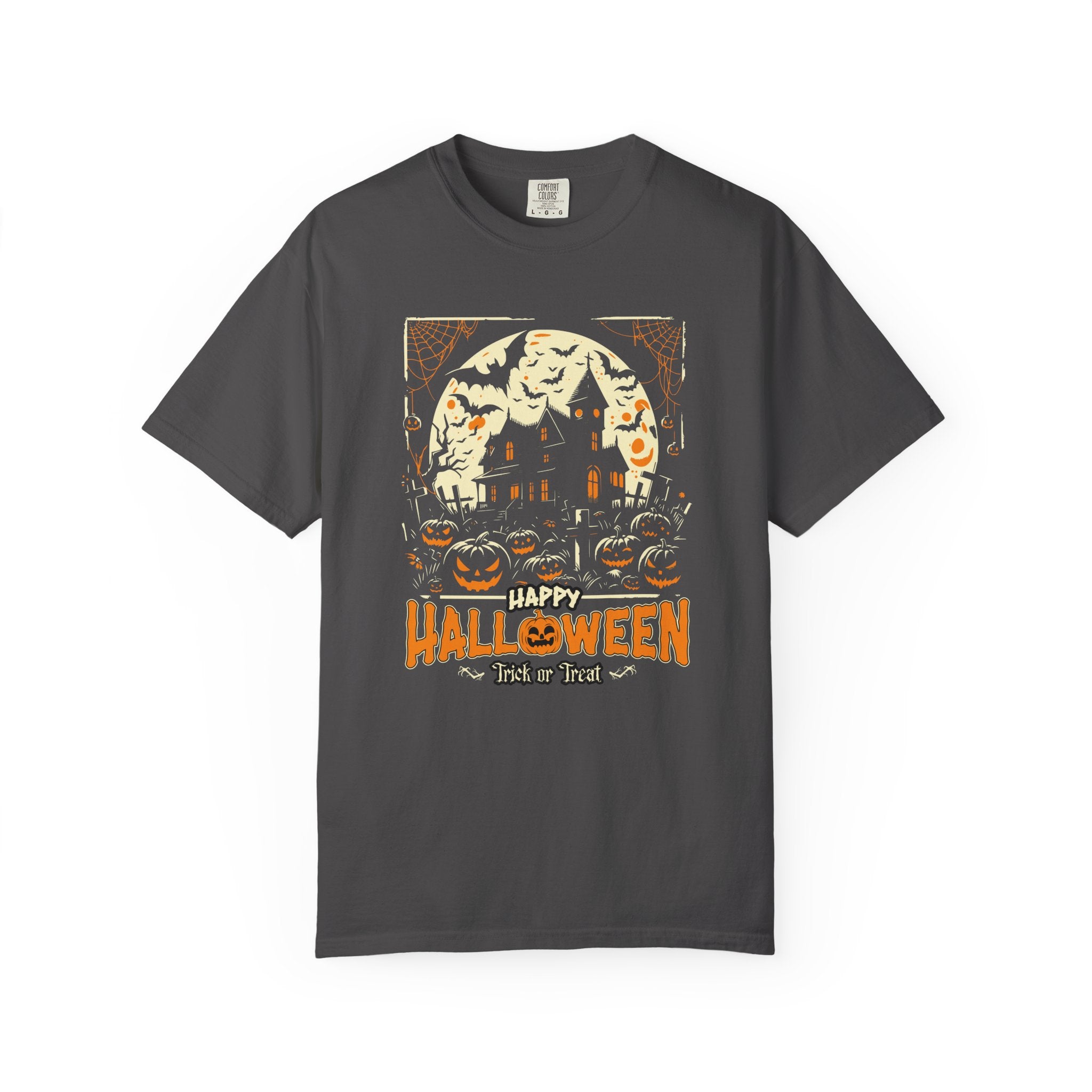 Happy Halloween T-Shirt: Haunted House Graphic Tee with Bats & Pumpkin - Trick or Treat - Graphite / S - T-Shirt