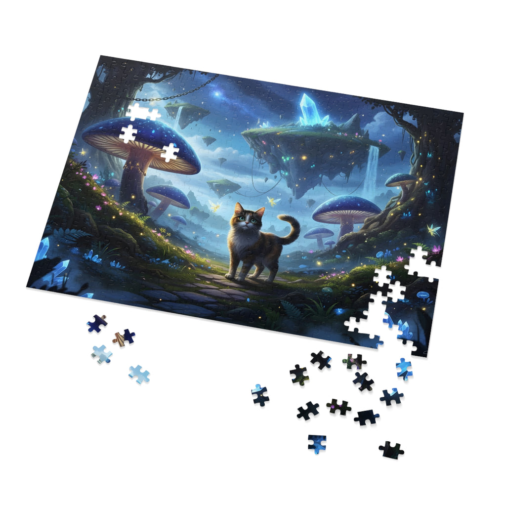 Futuristic mushroom landscape puzzle with a cat and floating island, featuring missing pieces.
