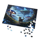 Futuristic mushroom landscape puzzle with a cat and floating island, featuring missing pieces.