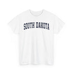 White t-shirt with 'South Dakota' text on a white background