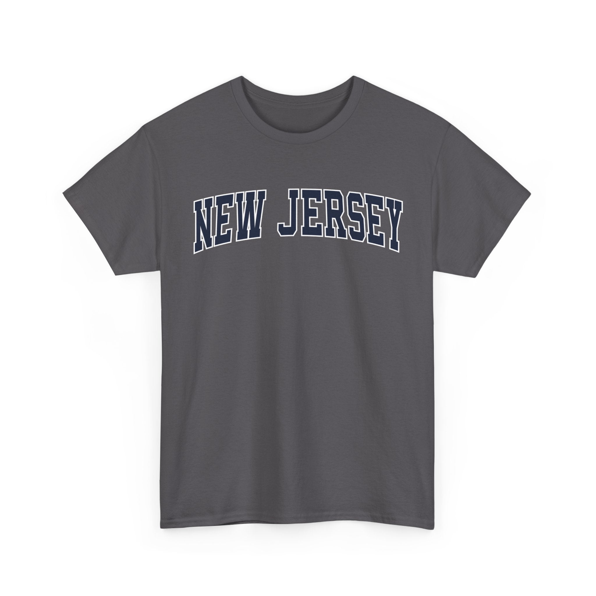Charcoal t-shirt with 'NEW JERSEY' text on a white background