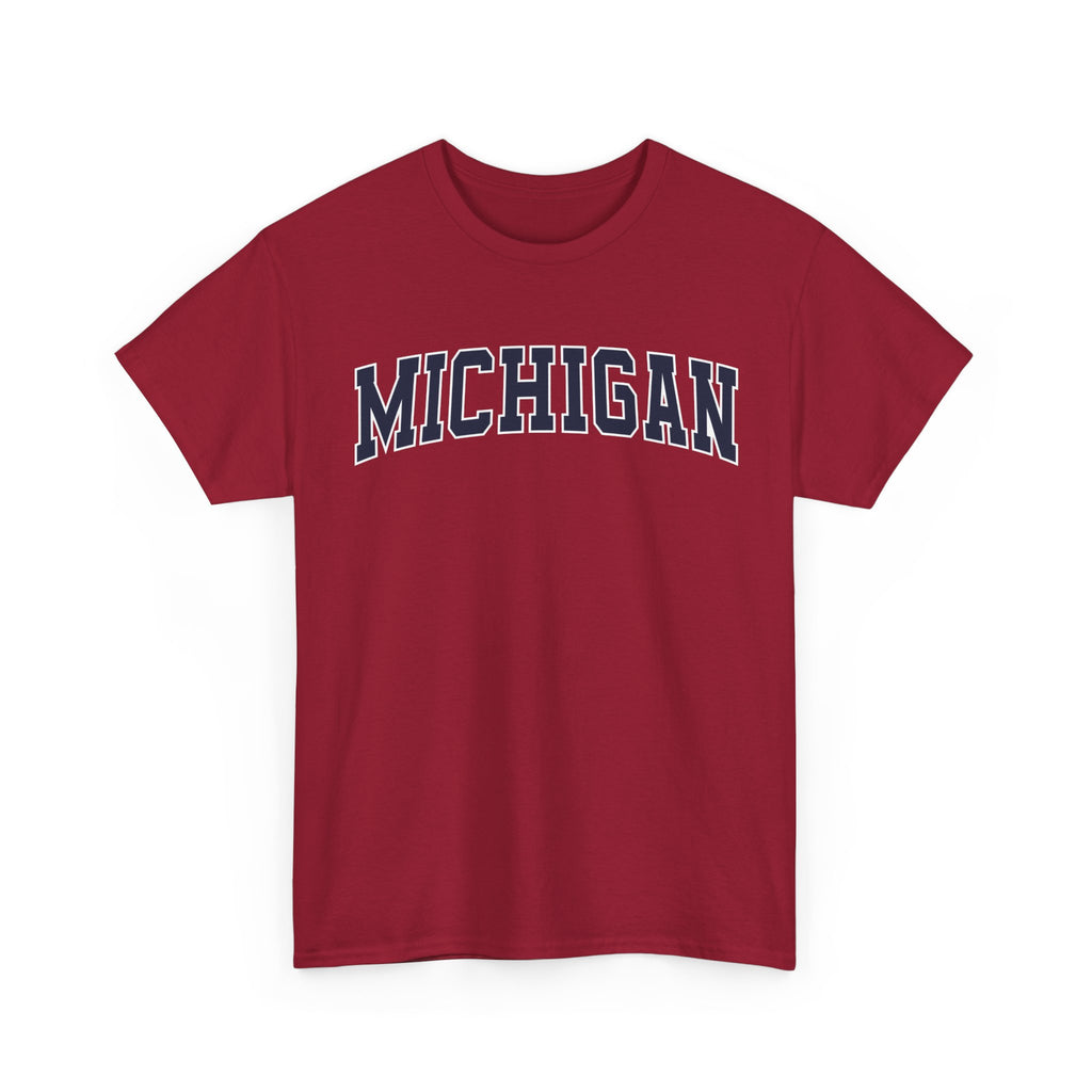 Red t-shirt with 'MICHIGAN' text on a white background