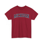 Red t-shirt with 'MICHIGAN' text on a white background