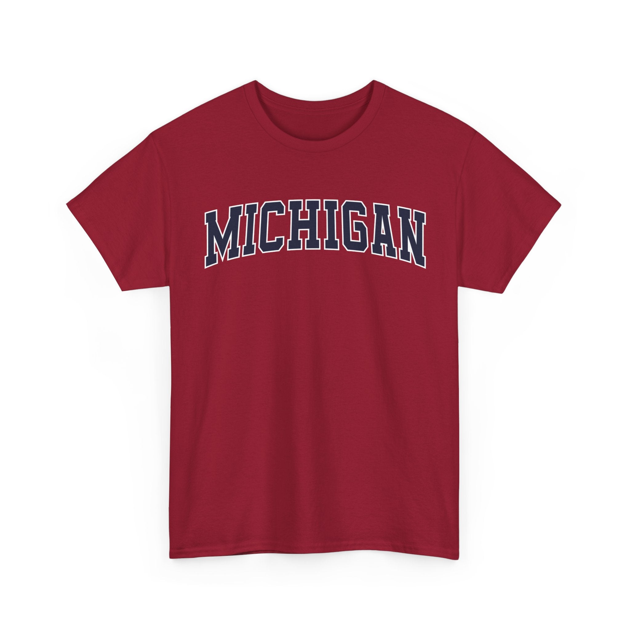 Red t-shirt with 'MICHIGAN' text on a white background