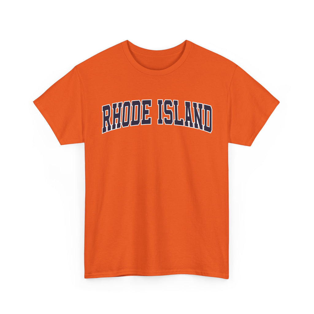Orange t-shirt with 'RHODE ISLAND' text on a white background