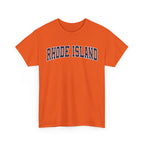 Orange t-shirt with 'RHODE ISLAND' text on a white background