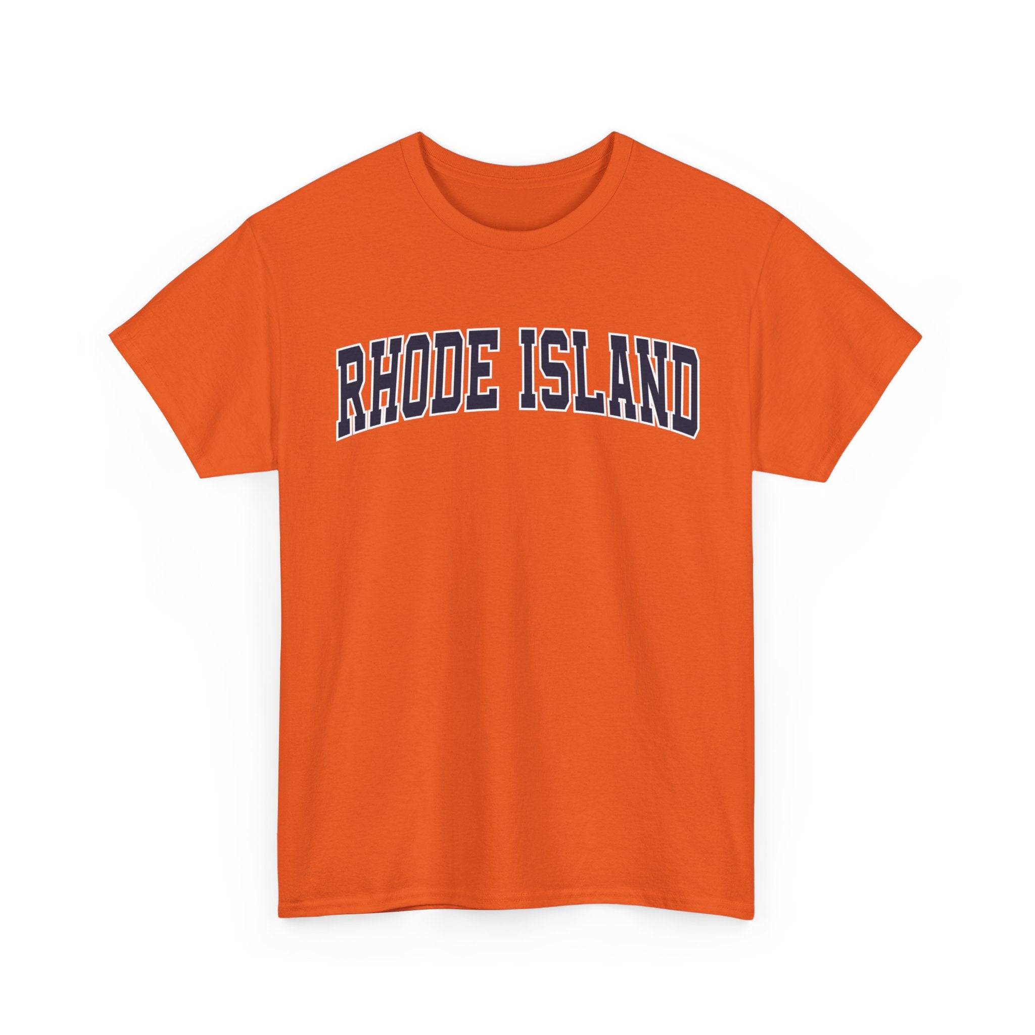 Orange t-shirt with 'RHODE ISLAND' text on a white background