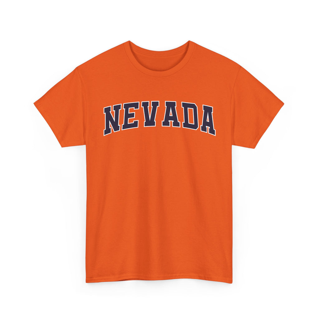 Orange t-shirt with 'NEVADA' printed on it against a white background