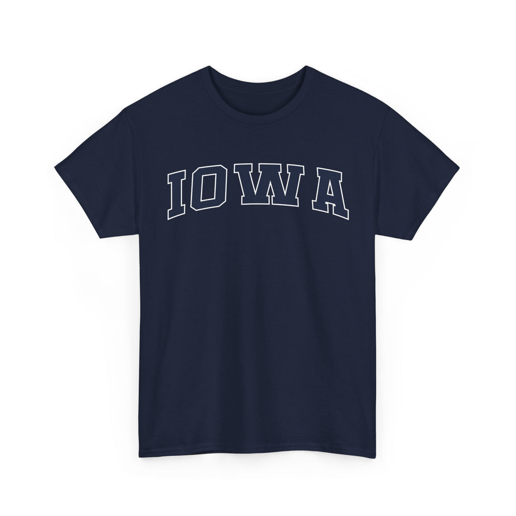 Navy blue t-shirt with 'IOWA' printed on a white background