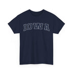 Navy blue t-shirt with 'IOWA' printed on a white background