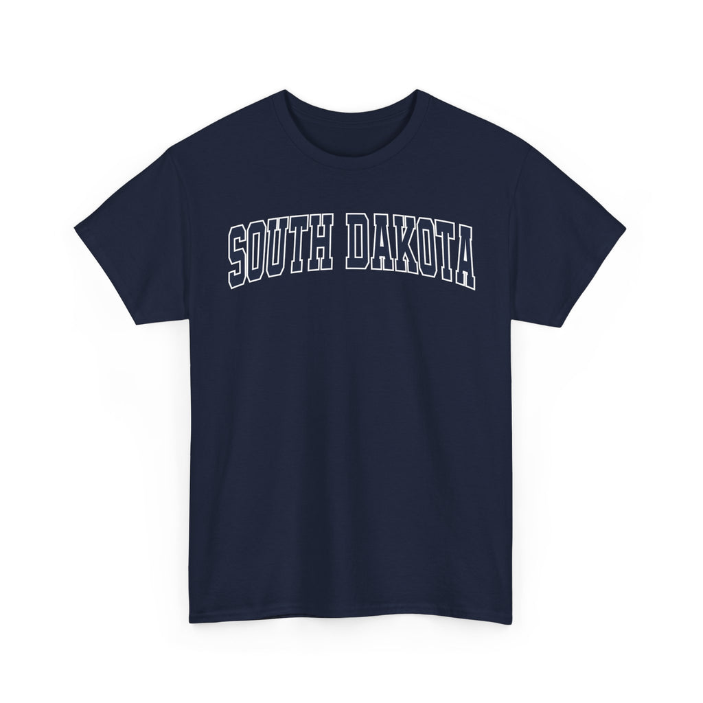 Navy blue t-shirt with 'SOUTH DAKOTA' text on a white background