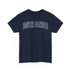 Navy blue t-shirt with 'SOUTH DAKOTA' text on a white background