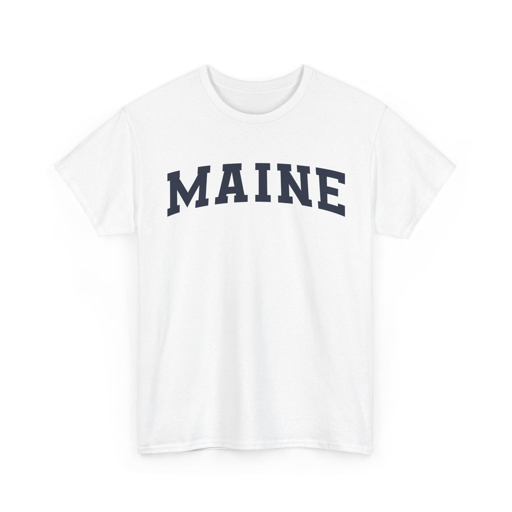 White t-shirt with 'MAINE' printed on it against a white background