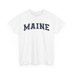 White t-shirt with 'MAINE' printed on it against a white background