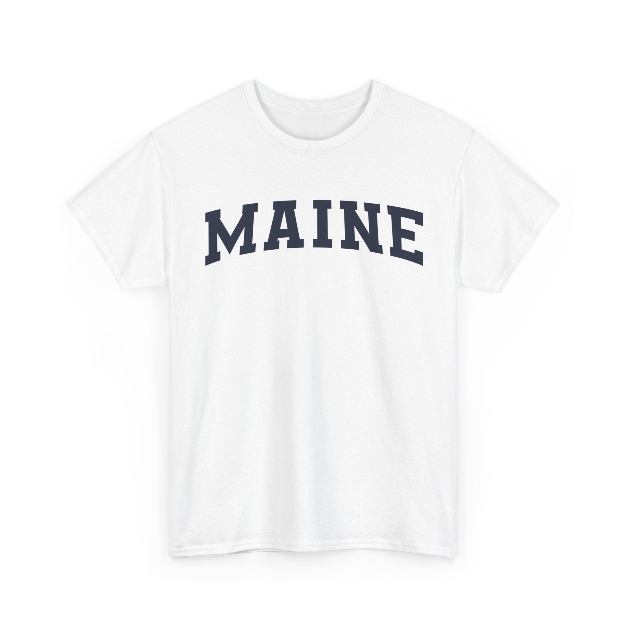 White t-shirt with 'MAINE' printed on it against a white background