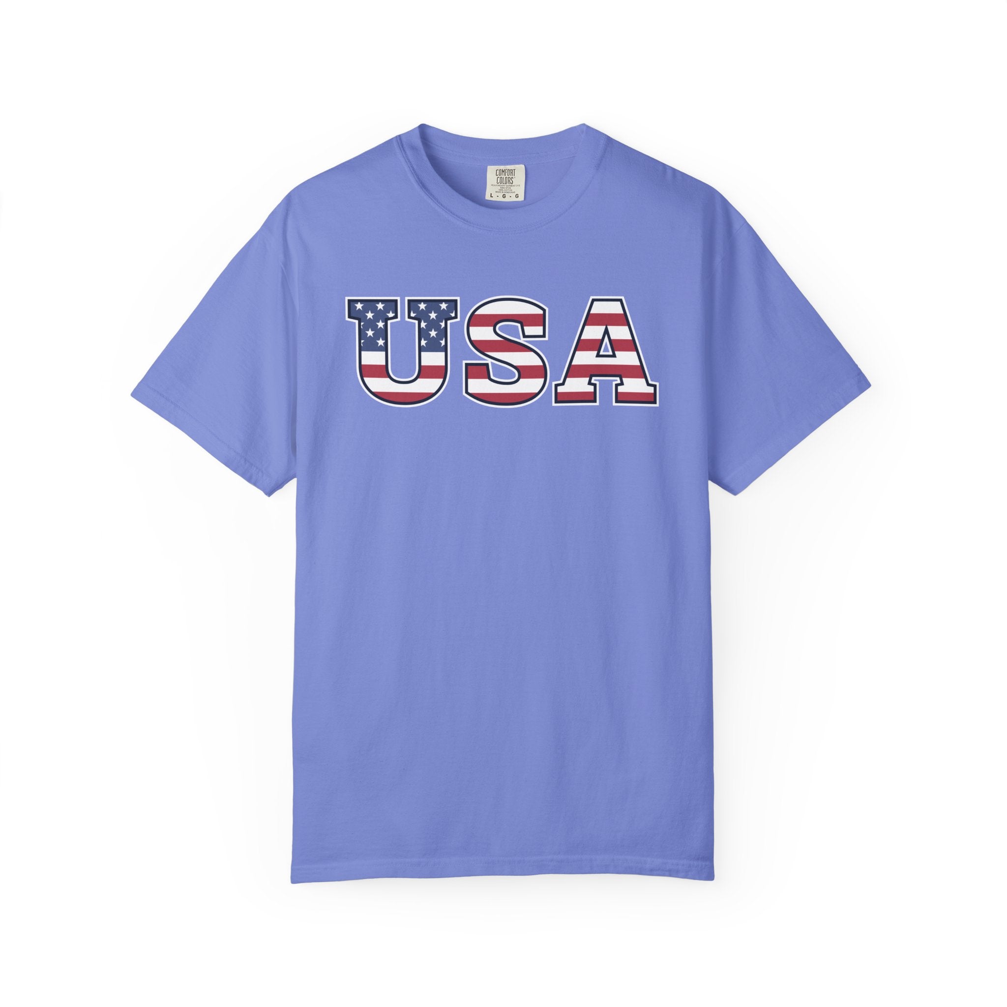 USA Typography Patriotic T-Shirt - Flo Blue / S