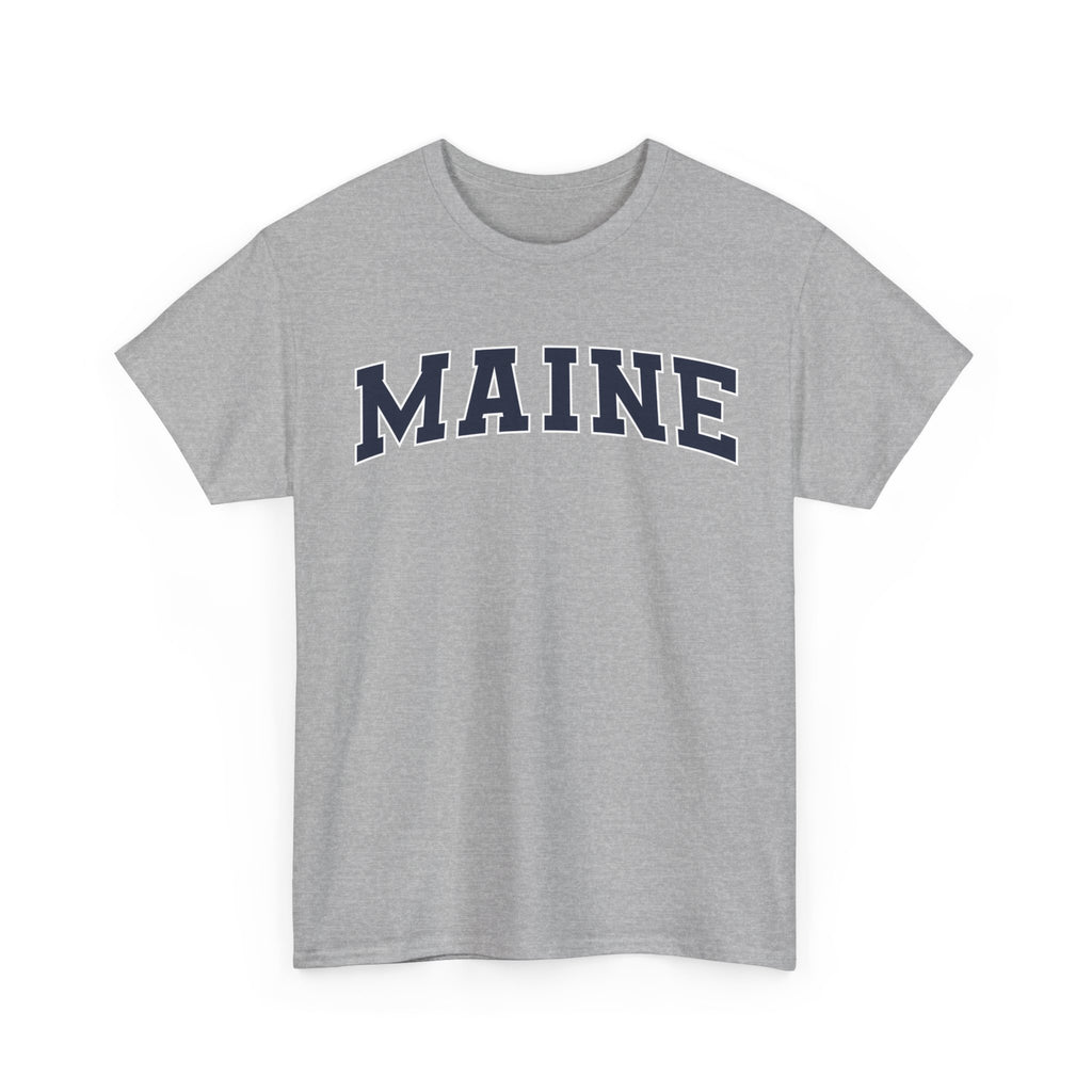 Gray t-shirt with 'MAINE' printed on it against a white background