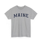 Gray t-shirt with 'MAINE' printed on it against a white background