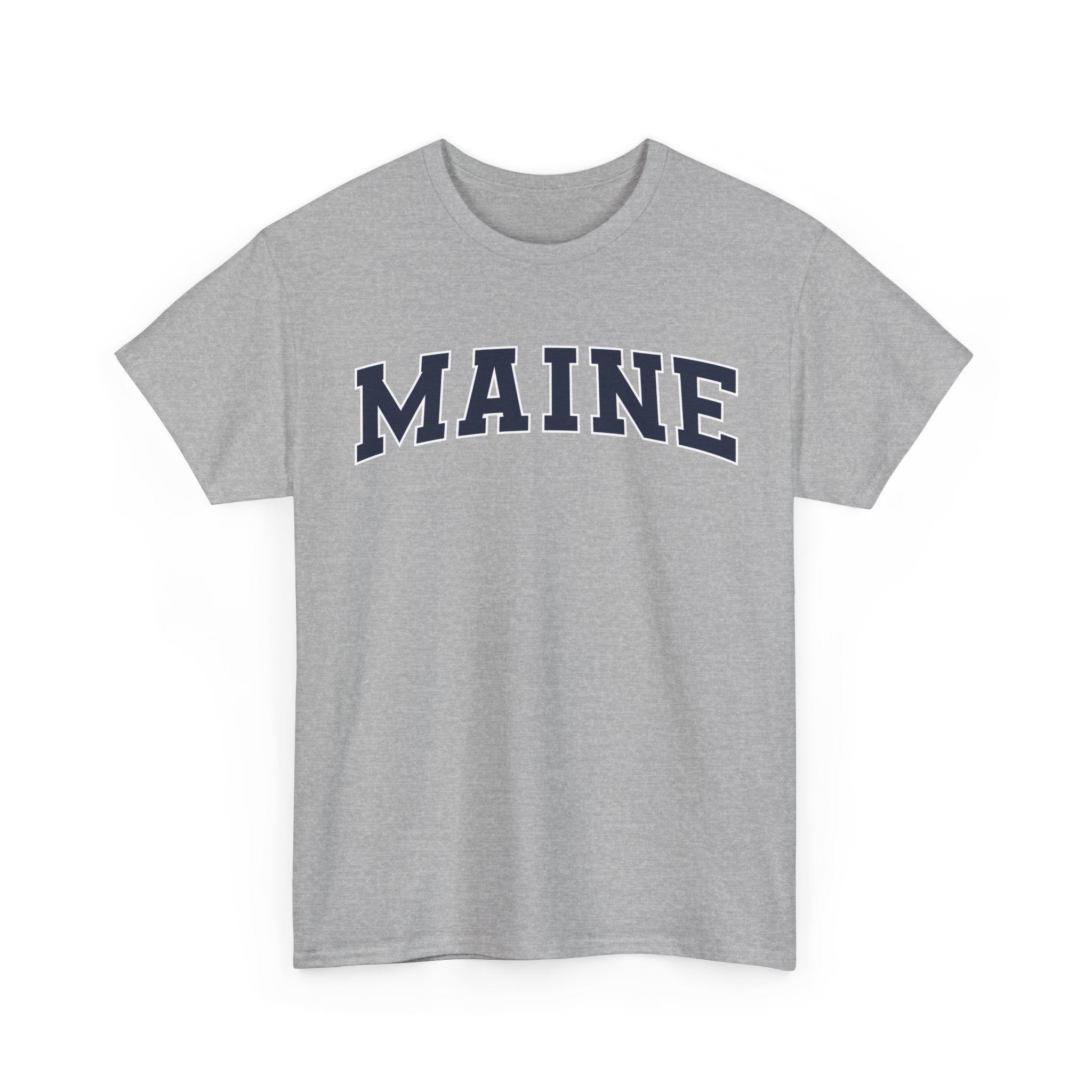 Gray t-shirt with 'MAINE' printed on it against a white background