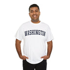 Man wearing a white t-shirt with 'WASHINGTON' printed on it against a white background