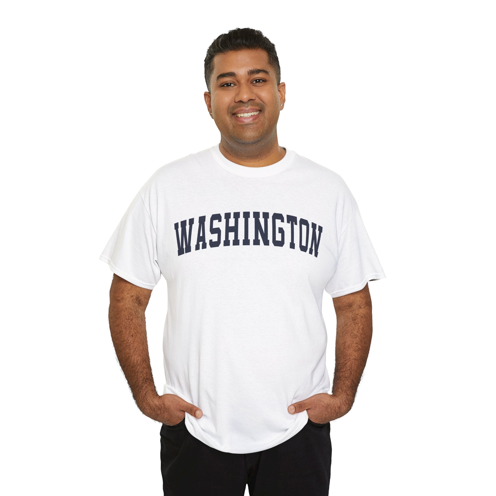 Man wearing a white t-shirt with 'WASHINGTON' printed on it against a white background