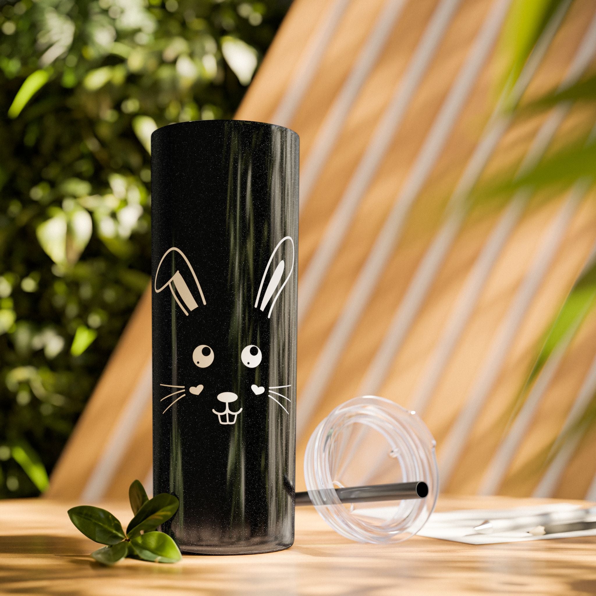 Cute Bunny Skinny Tumbler 20oz with Straw - Glossy / Glitter Black / 20oz - Mug