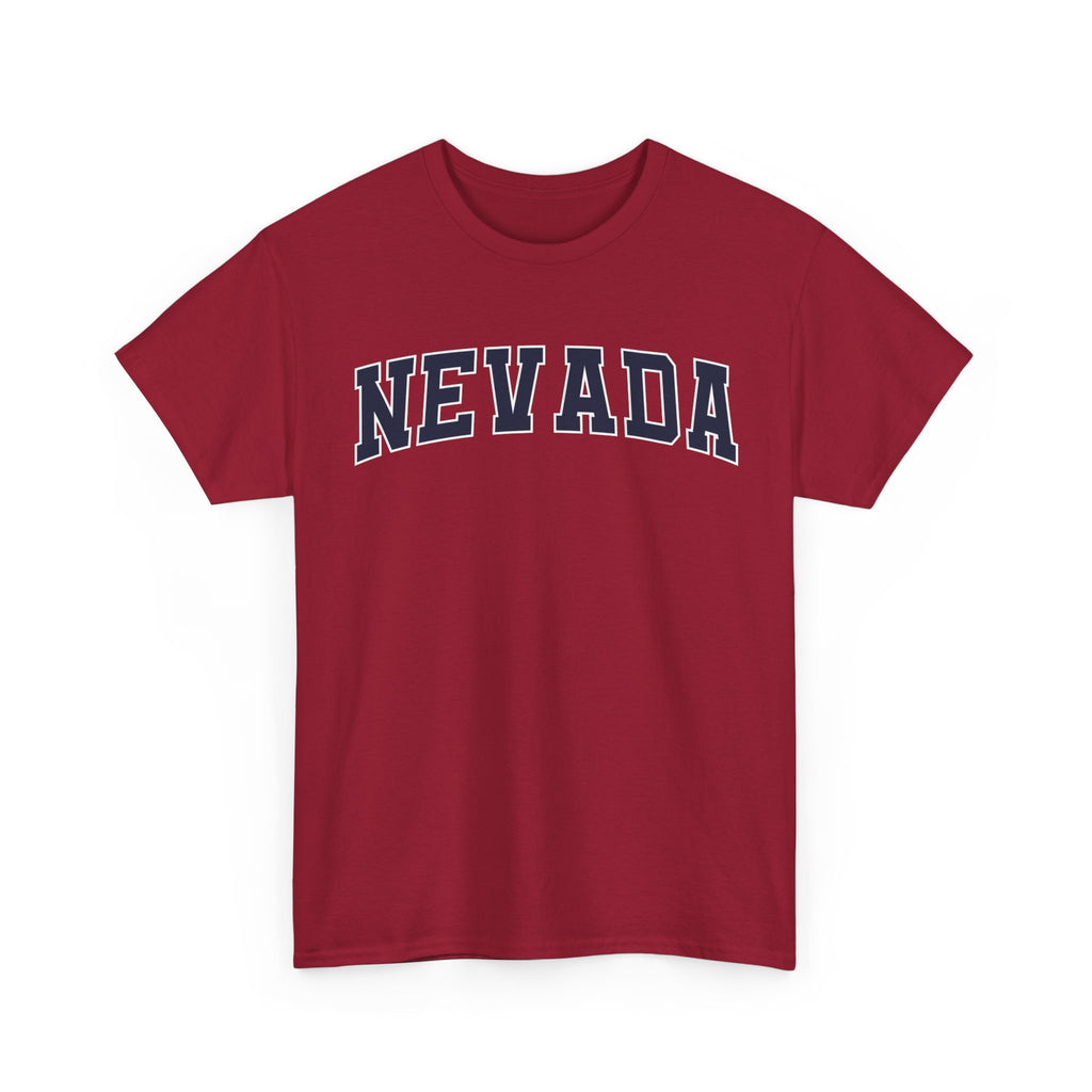 Red t-shirt with 'NEVADA' printed on it against a white background