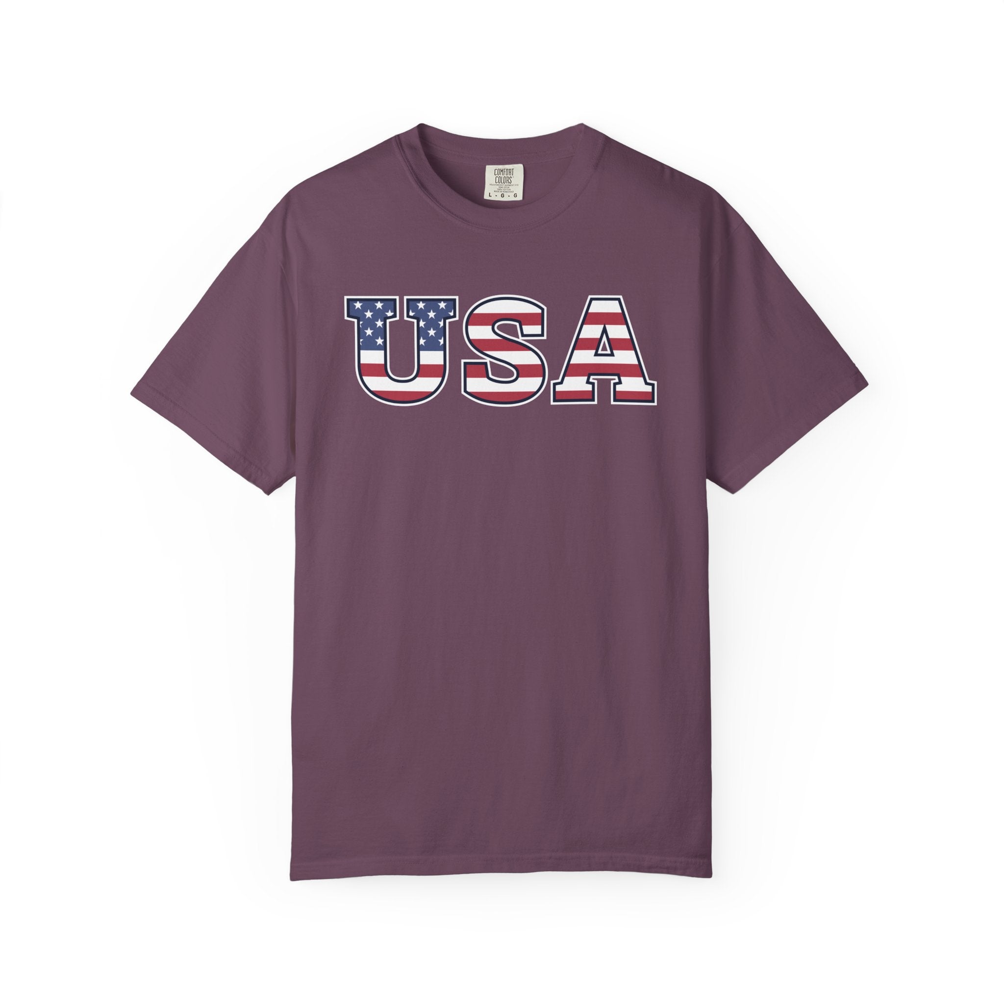 USA Typography Patriotic T-Shirt - Berry / S