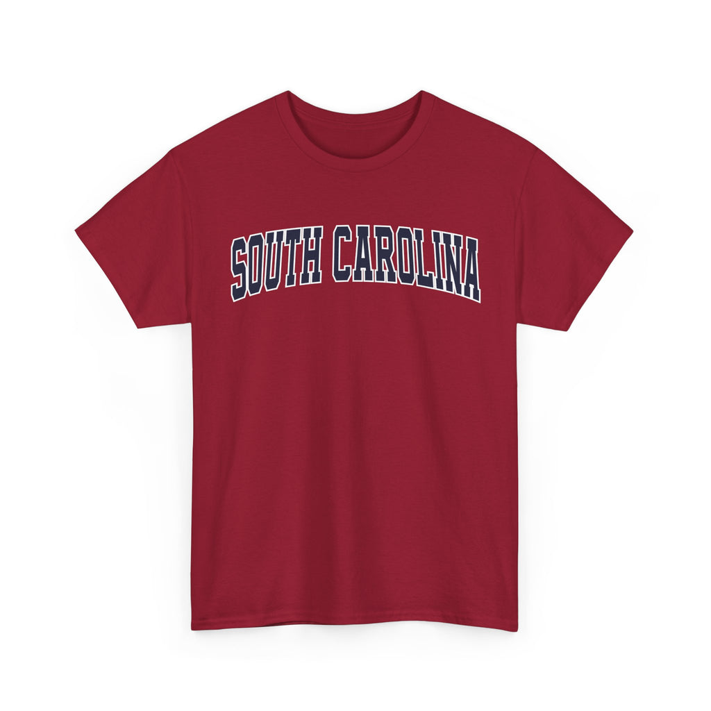 Red t-shirt with 'SOUTH CAROLINA' text on a white background