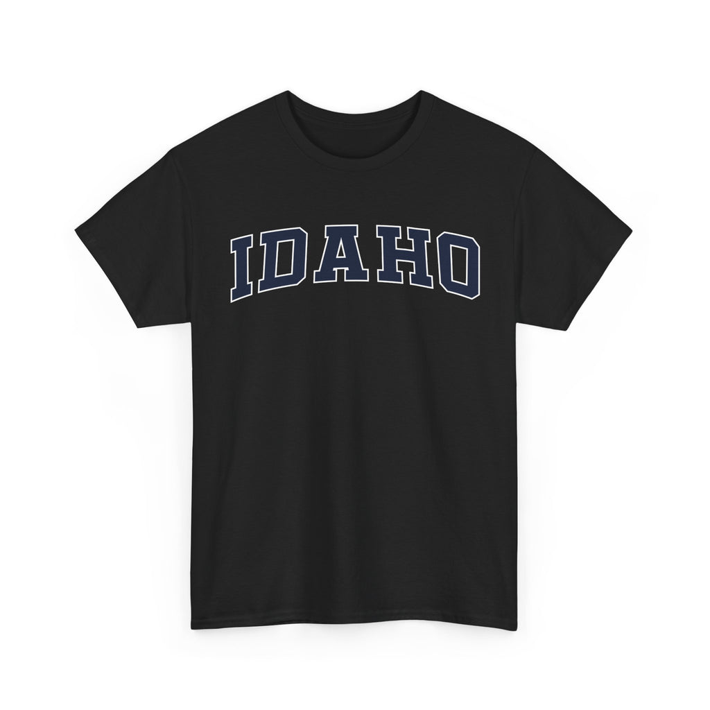 Black t-shirt with 'IDaho' printed on a white background