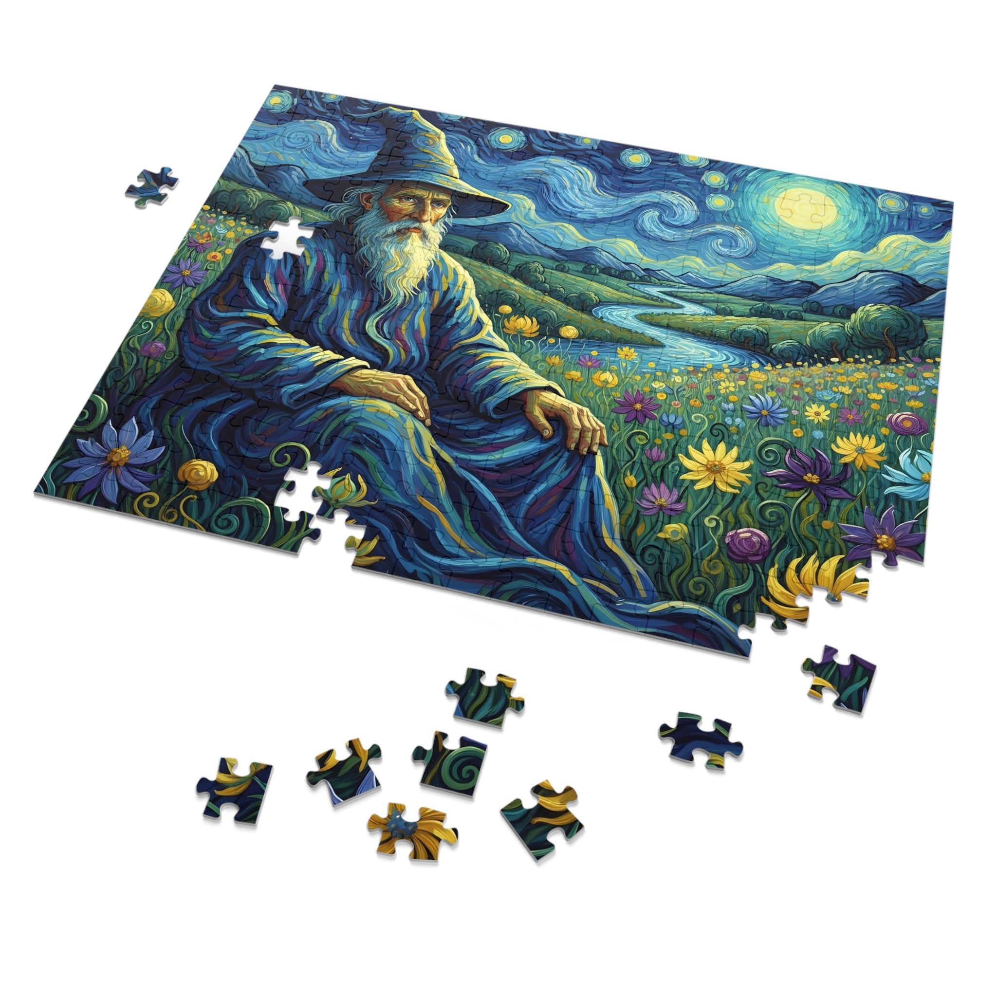 Jigsaw puzzle with a wizard in a field of flowers and stars, with pieces missing.