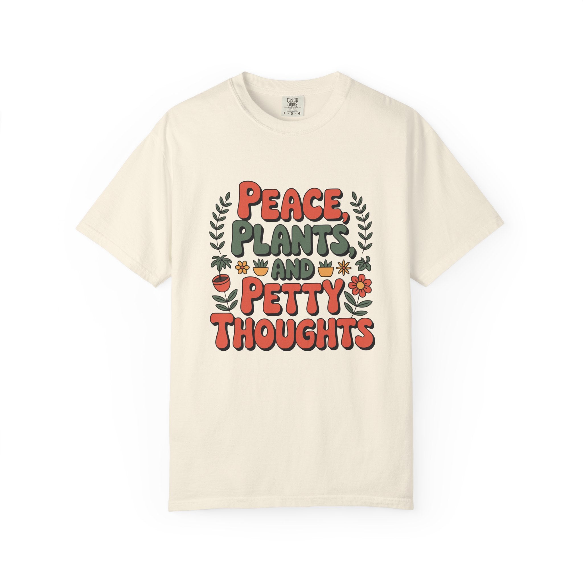 ’Peace Plants & Petty Thoughts’ T-Shirt | Funny Plant Graphic Quote Tee - Ivory / S