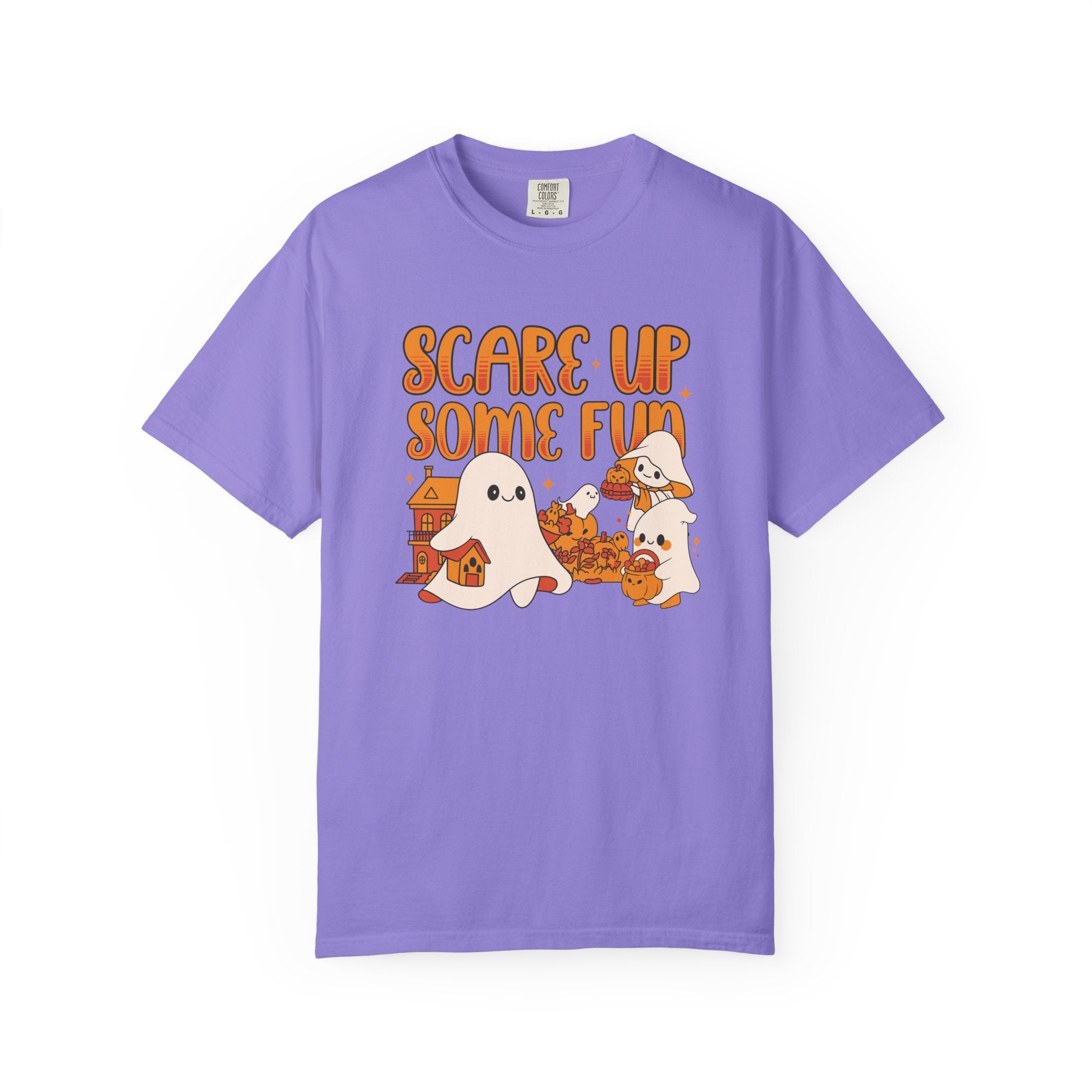 Funny Halloween Ghost T-Shirt: Spooky Pumpkin Design with ’Scare Up Some Fun’ Quote - Violet / S - T-Shirt