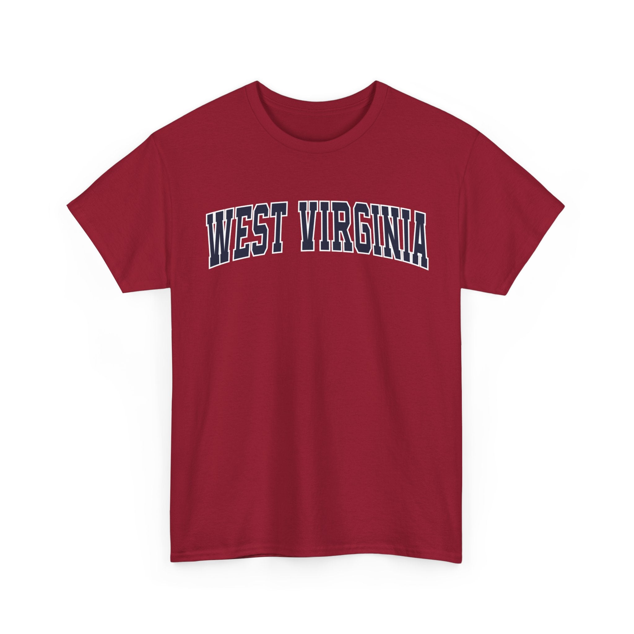 Red t-shirt with 'West Virginia' text on a white background