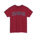 Red t-shirt with 'HAWAII' text on a white background