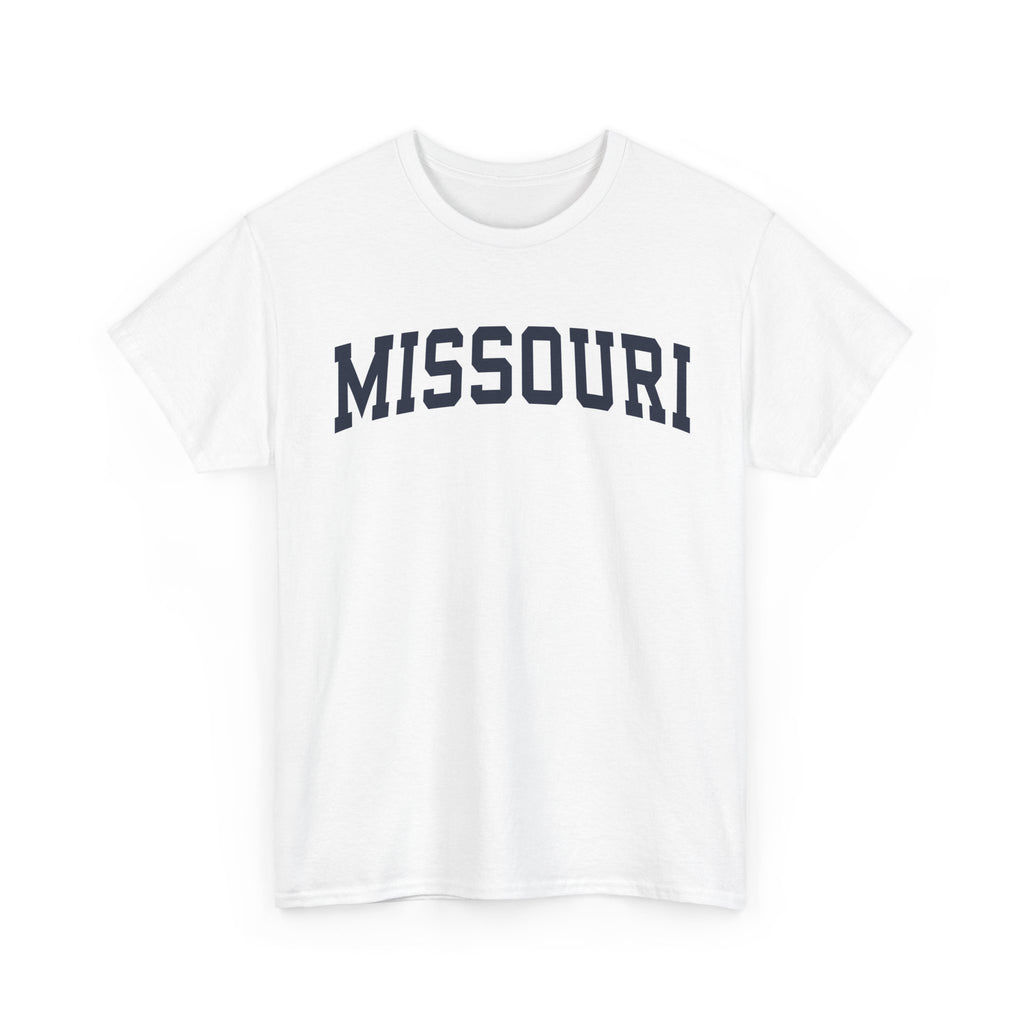 White t-shirt with 'MISSOURI' printed on it against a white background