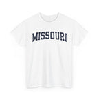 White t-shirt with 'MISSOURI' printed on it against a white background