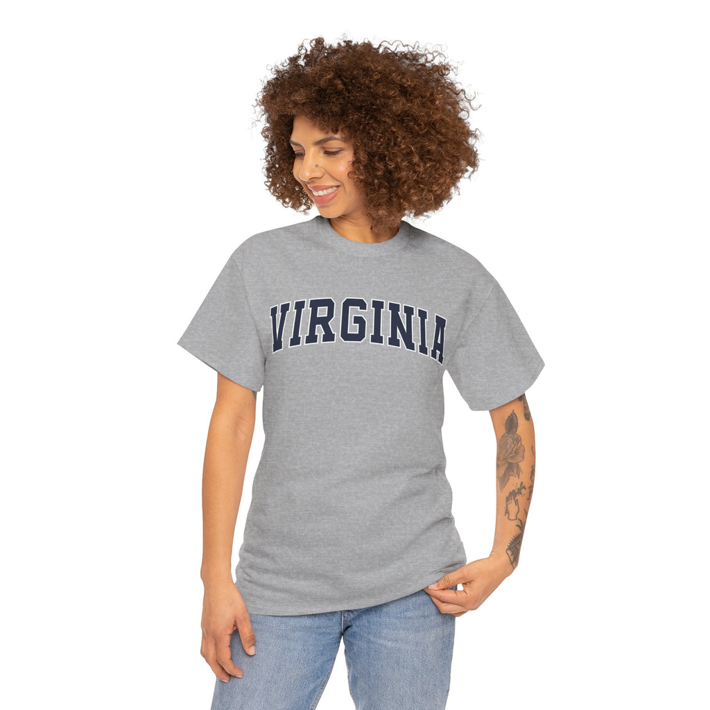 Woman wearing a gray 'Virginia' t-shirt on a white background
